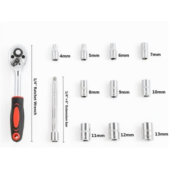 Ratchet Socket Wrench Set 1/4 Inch Drive, Mechanic Tool Kit, 12-Pieces - Picture 3 of 6